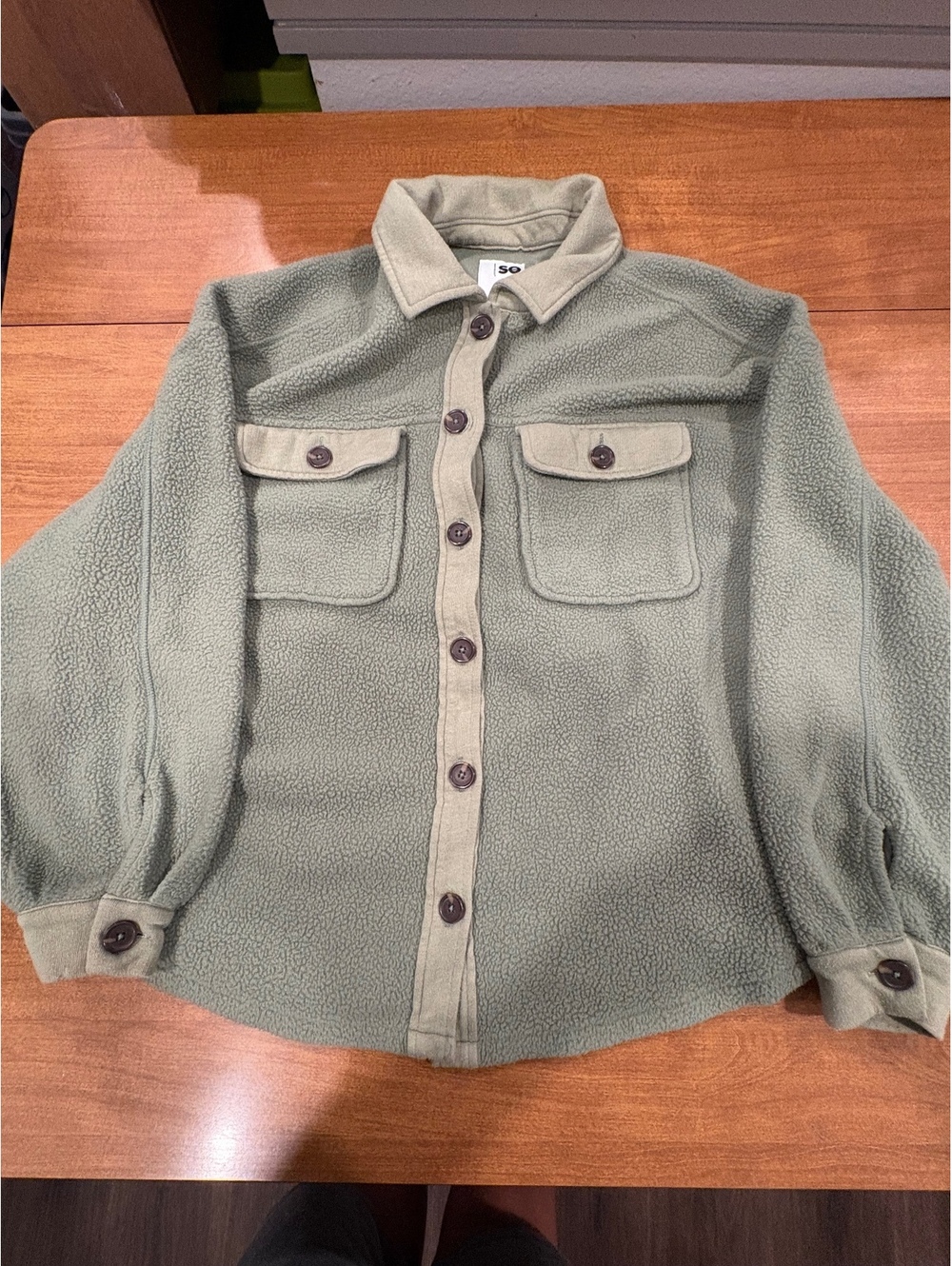SO Olive Green Faux Fur Button-Up Jacket with Pocket Flaps, Size L